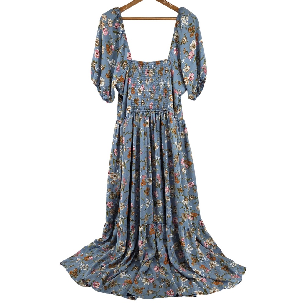 Arula Gracia Maxi Dress 2X Blue Floral Puff Sleeve Tiered Smocked Cottagecore - Picture 3 of 9